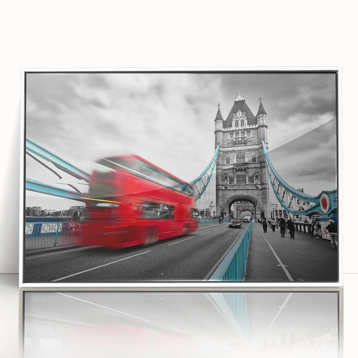 Mid-century modernist art of London skyline in muted gray tones on a framed acrylic, ideal for nursery wall decor.