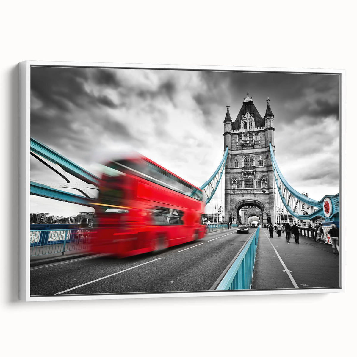Vintage poster art of London scenery on extra large framed canvas, featuring colorful art with black accents.