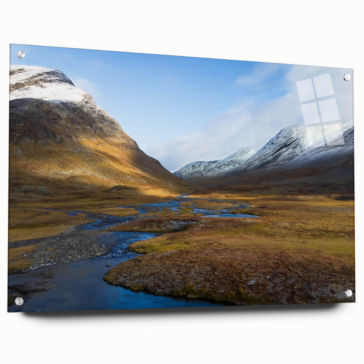 Large abstract wall art depicting a serene European landscape in muted earth tones on acrylic glass.