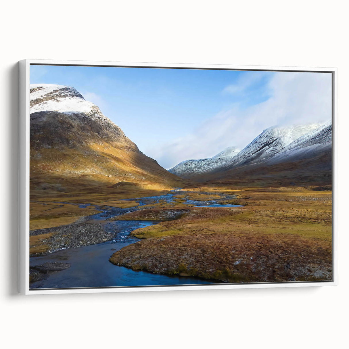 Vintage poster art of a European scenery in Sweden on a framed canvas, featuring muted earth tones.