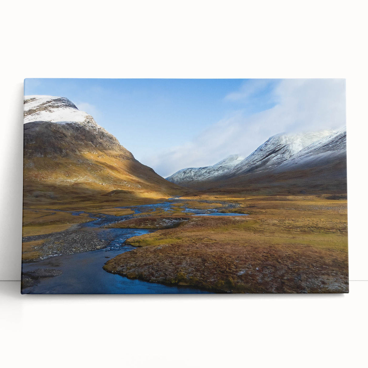 Black and white photograph of a serene Swedish landscape on stretched canvas, ideal for kitchen wall art.