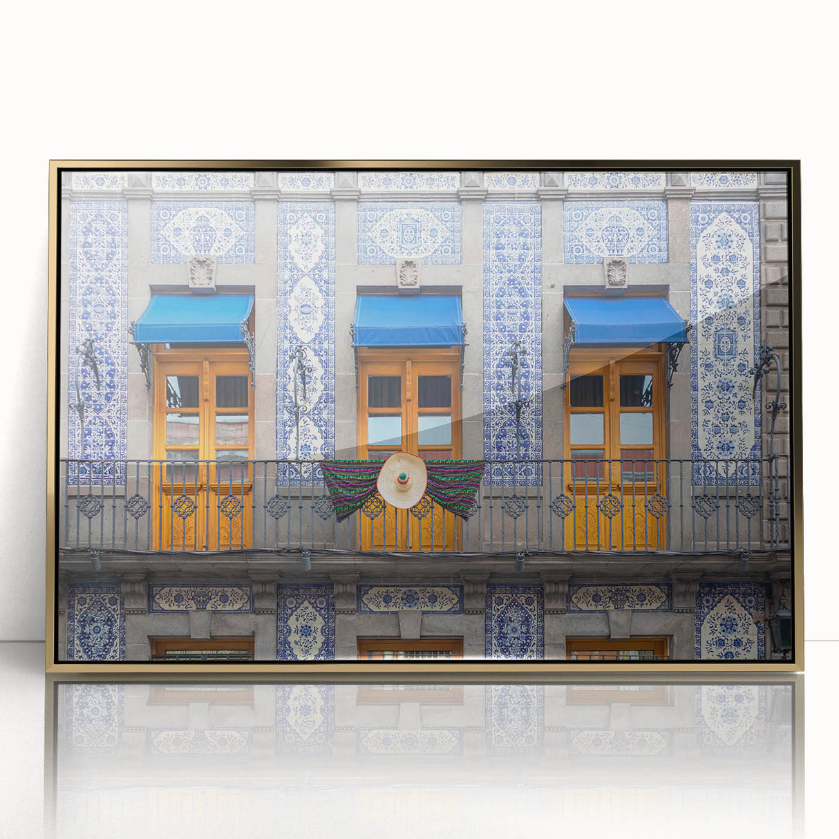 Large art print of Mexico City scenery in mid-century modernist style with gold frame, ideal for modern art wall decor.