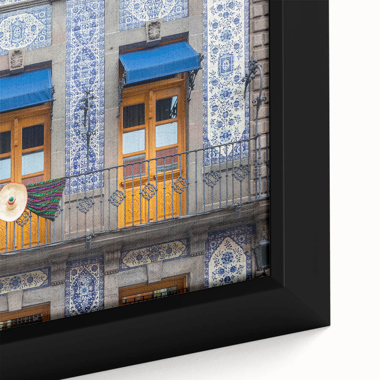 Extra large framed canvas featuring a textured depiction of Mexico City in black with colorful accents.