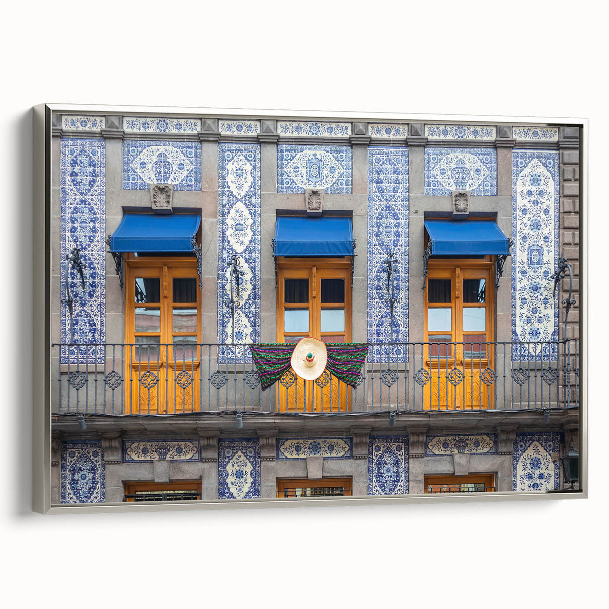 Framed canvas depicting a colorful vintage-style landscape of Mexico City, ideal for enhancing a living room or office decor.