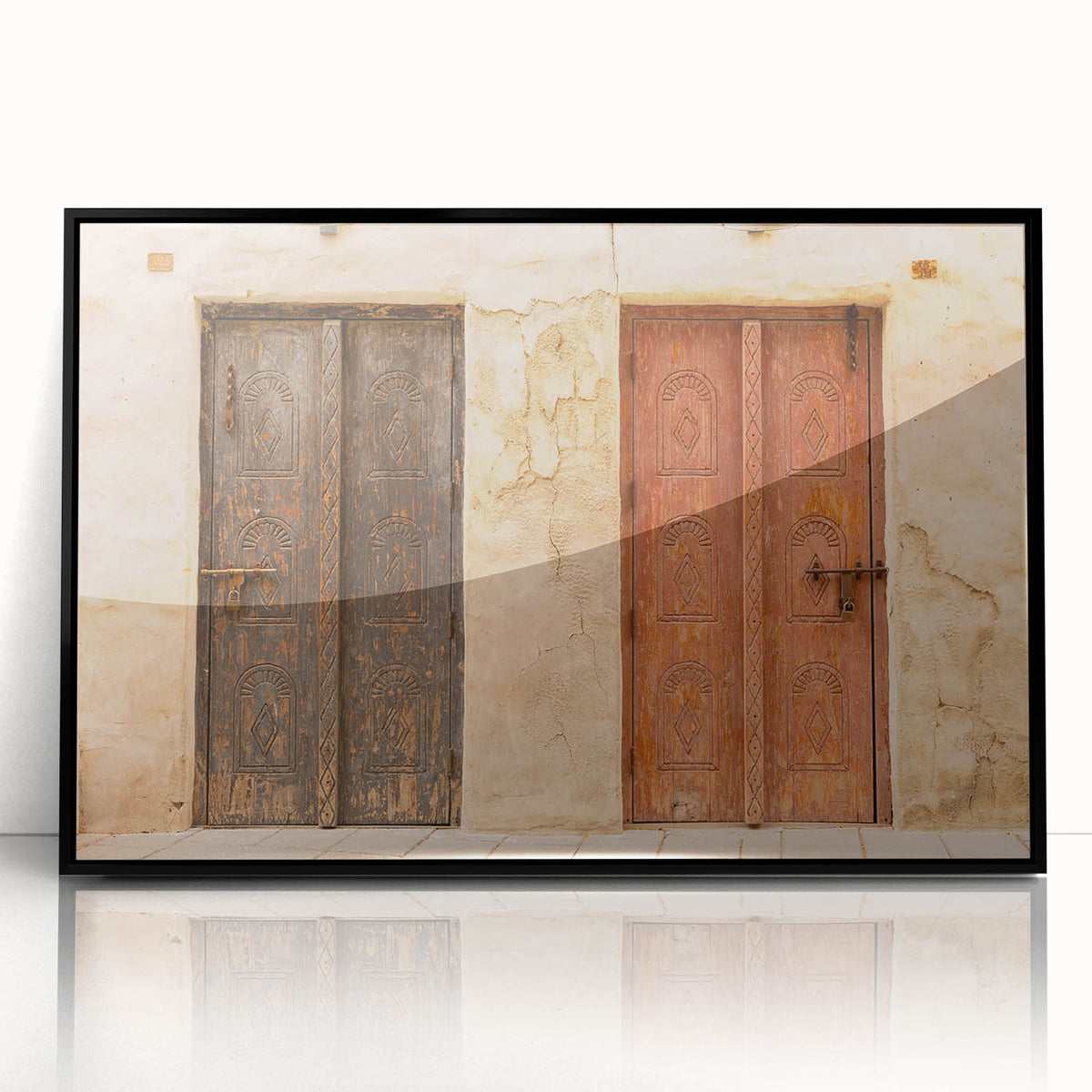 Large abstract wall art of Dubai skyline in muted gray and blue tones on a framed acrylic.