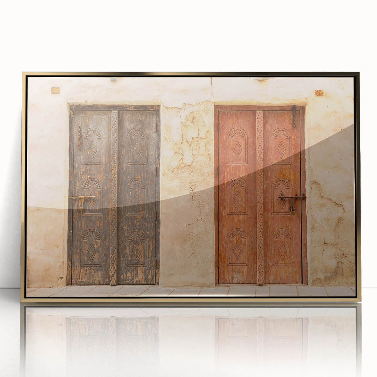 Mid-century modernist style large art print of Dubai skyline in gold tones on framed acrylic.