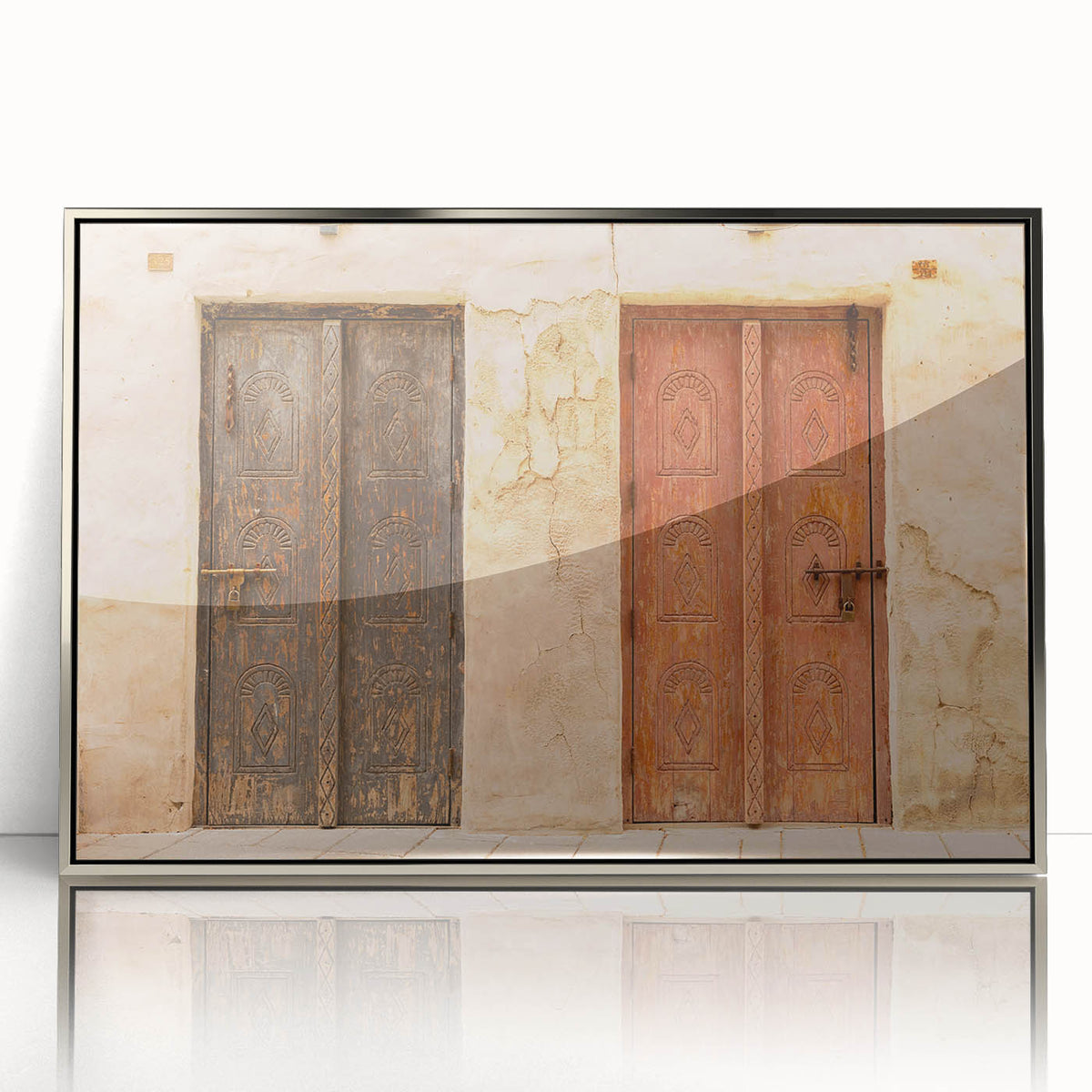 Mid-century modernist art of Dubai skyline in muted silver tones on framed acrylic, ideal for modern art wall decor.