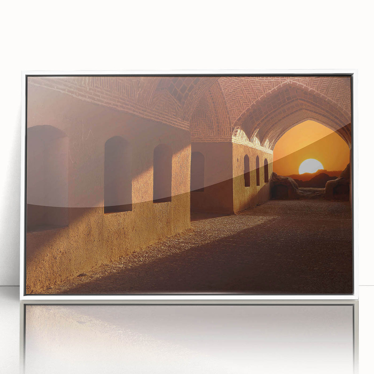 Art deco style poster of a Middle Eastern scenery in Iran, framed in white acrylic, ideal for modern art wall decor.