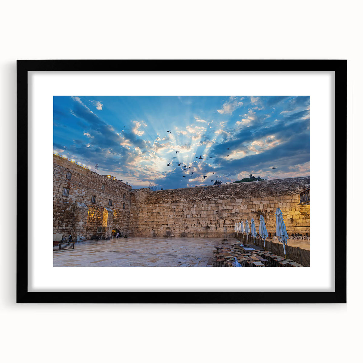 Abstract art print of Jerusalem in colorful, textured style on a large framed canvas, ideal for living room decor.