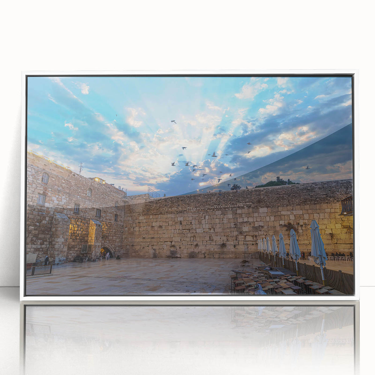 Acrylic print of Jerusalem skyline in art deco style with muted earth tones, ideal for modern art wall decor.