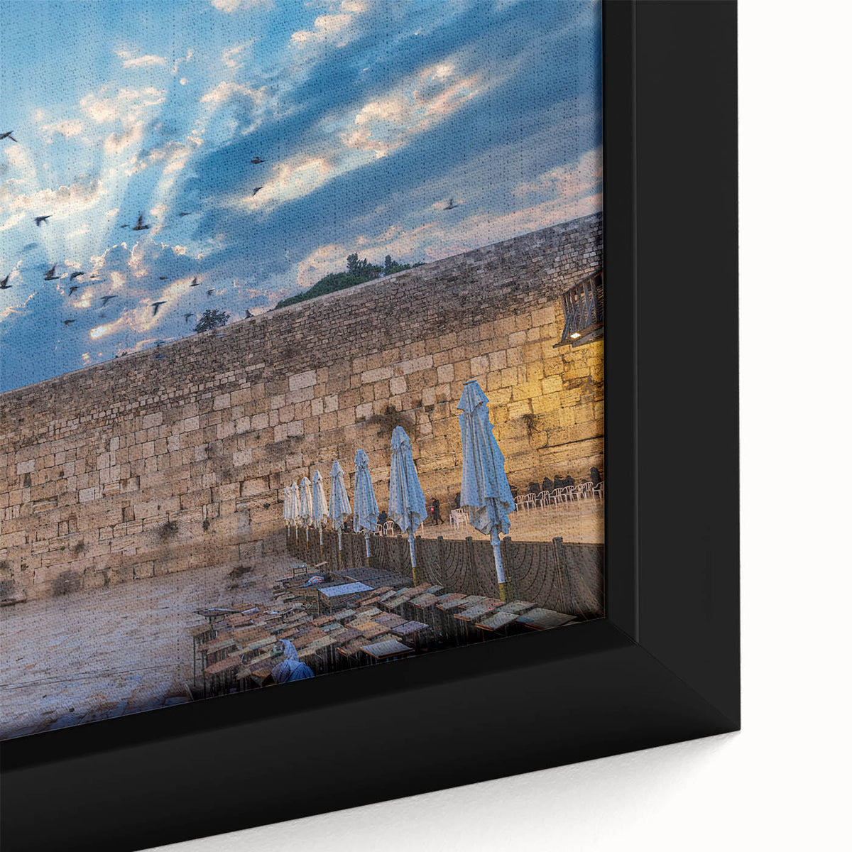 Black wall art featuring a textured, colorful depiction of Jerusalem on an extra-large framed canvas.