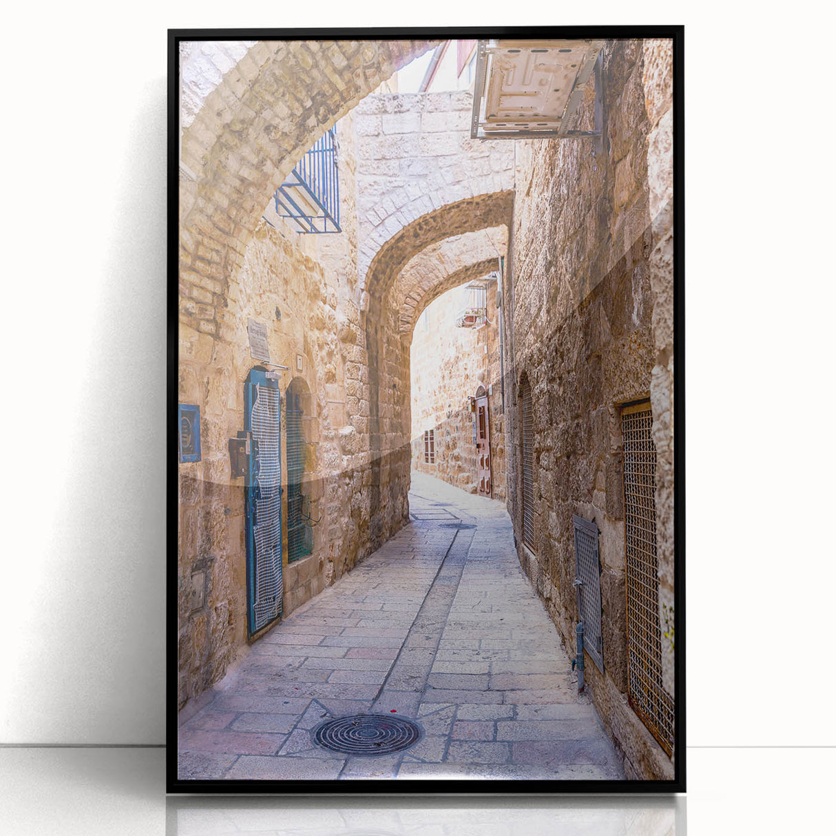 Large abstract wall art depicting the Tel Aviv skyline in muted gray and blue tones on a framed acrylic.