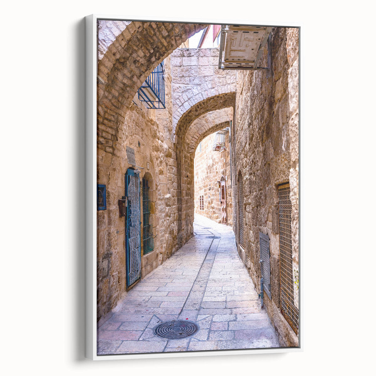 Vintage poster art of Tel Aviv with colorful skyline on extra large framed canvas, ideal for living room decor.