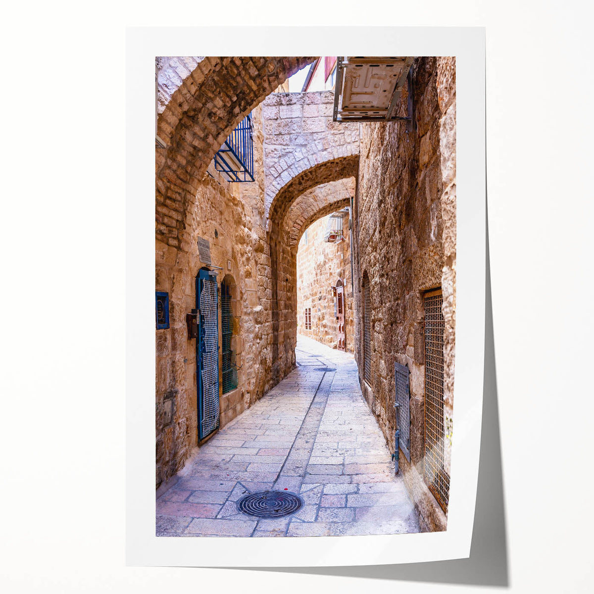 A panoramic view of Tel Aviv skyline in muted earth tones on a large rolled canvas, suitable for dining room wall art.
