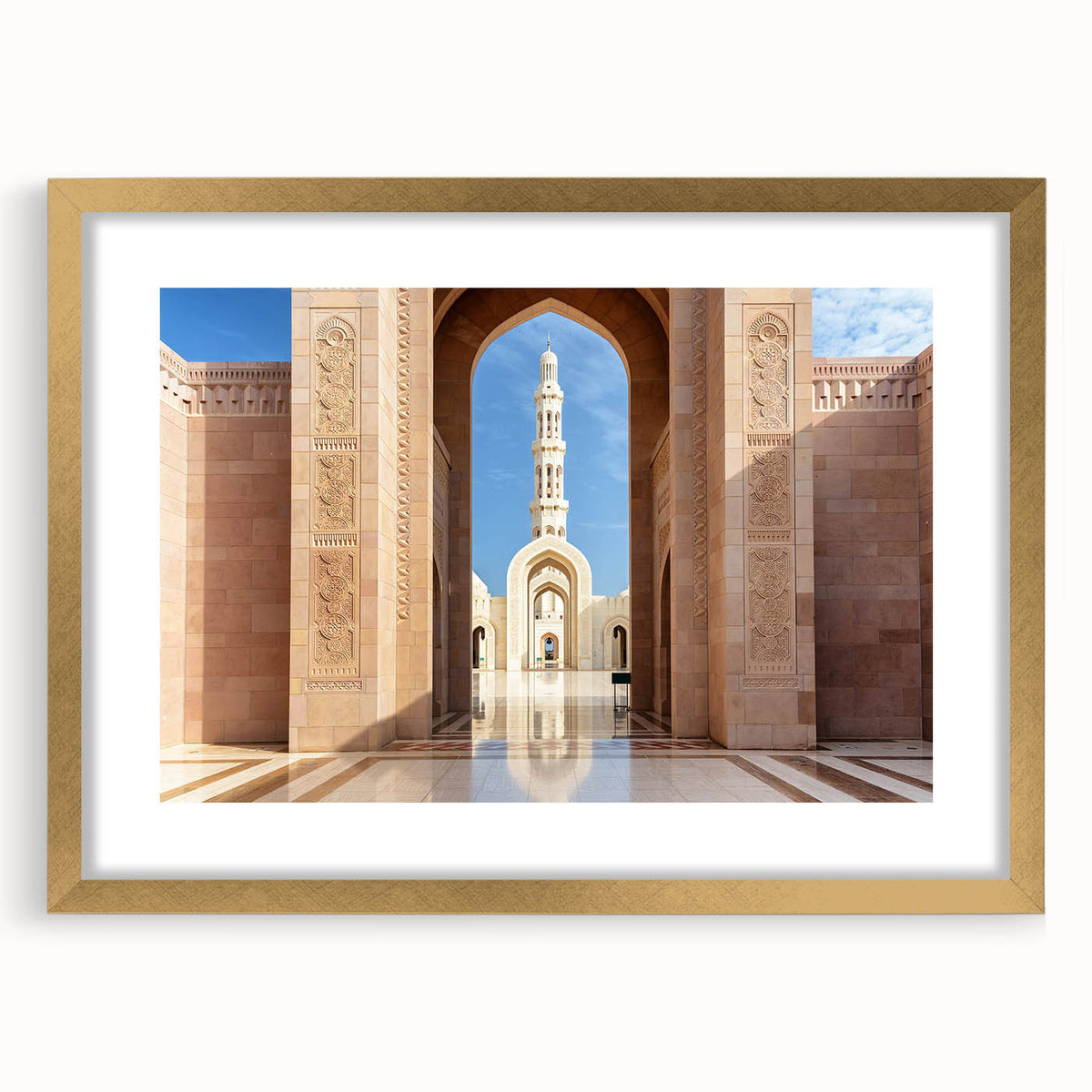 Extra large abstract art print featuring textured scenery of Oman in muted earth tones, framed in gold.