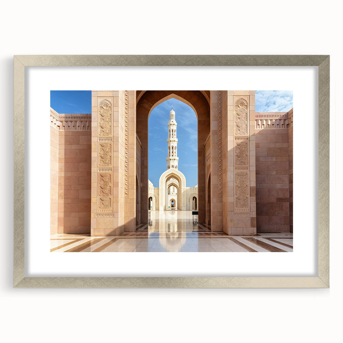 Textured abstract art print depicting a Middle Eastern scenery in muted earth tones on a silver-framed canvas.