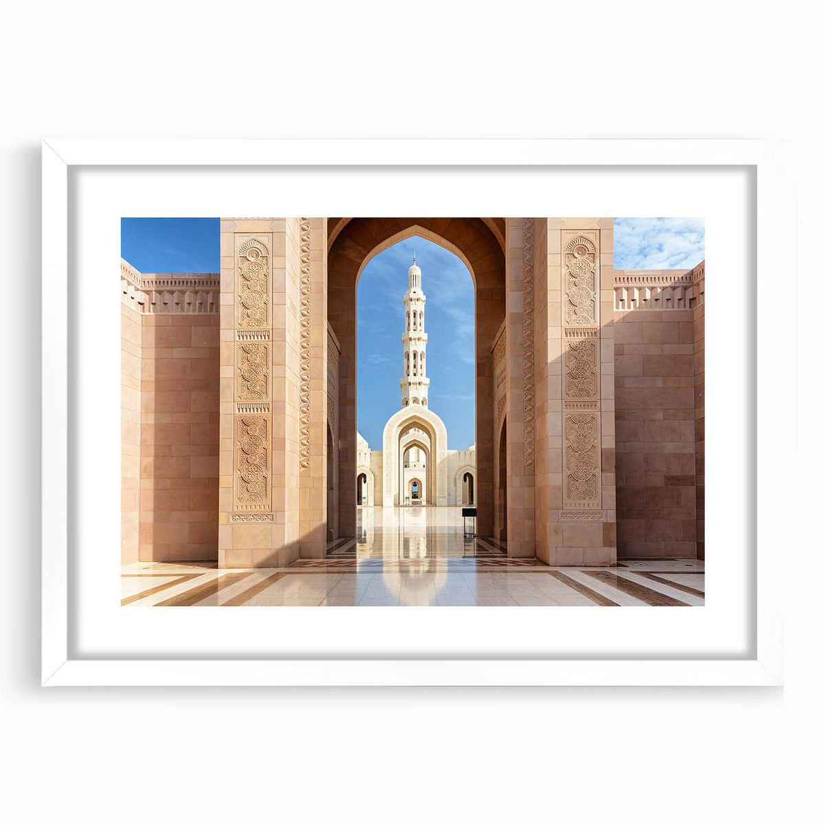 Abstract art print of an Omani landscape in muted earth tones on a white matted frame, suitable for dining room decor.