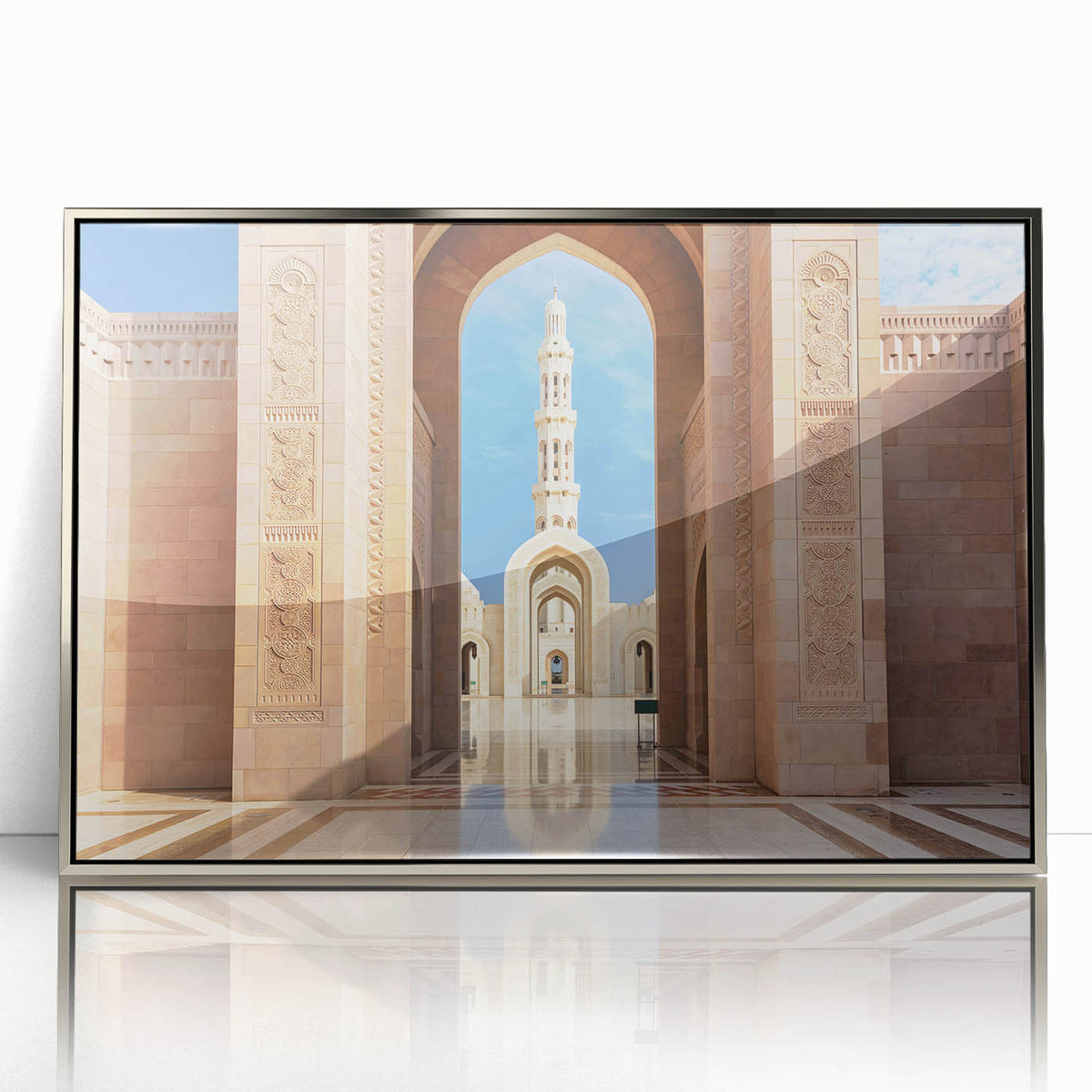 Mid-century modernist art depicting an Omani landscape in muted earth tones, silver-framed acrylic print.