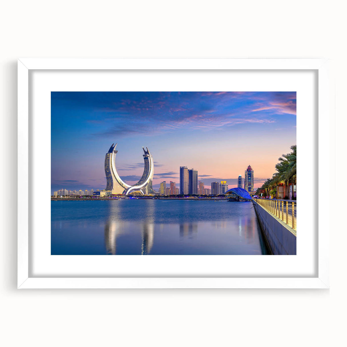 Abstract art print depicting a Qatar scenery in muted earth tones on a framed white mat, ideal for dining room decor.