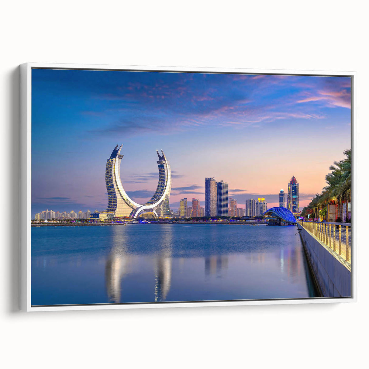 Vintage poster art of a Middle Eastern Qatar scenery in vibrant colors on a framed canvas, ideal for living room decor.