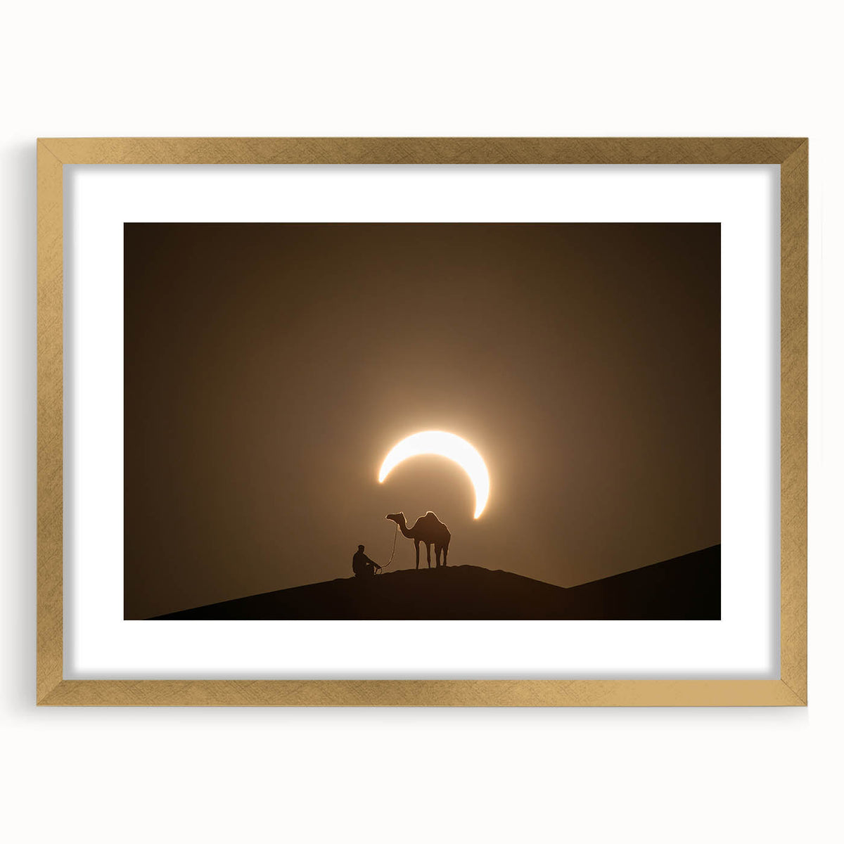 Extra large framed abstract art print depicting textured scenery of Abu Dhabi in muted gold and beige tones.
