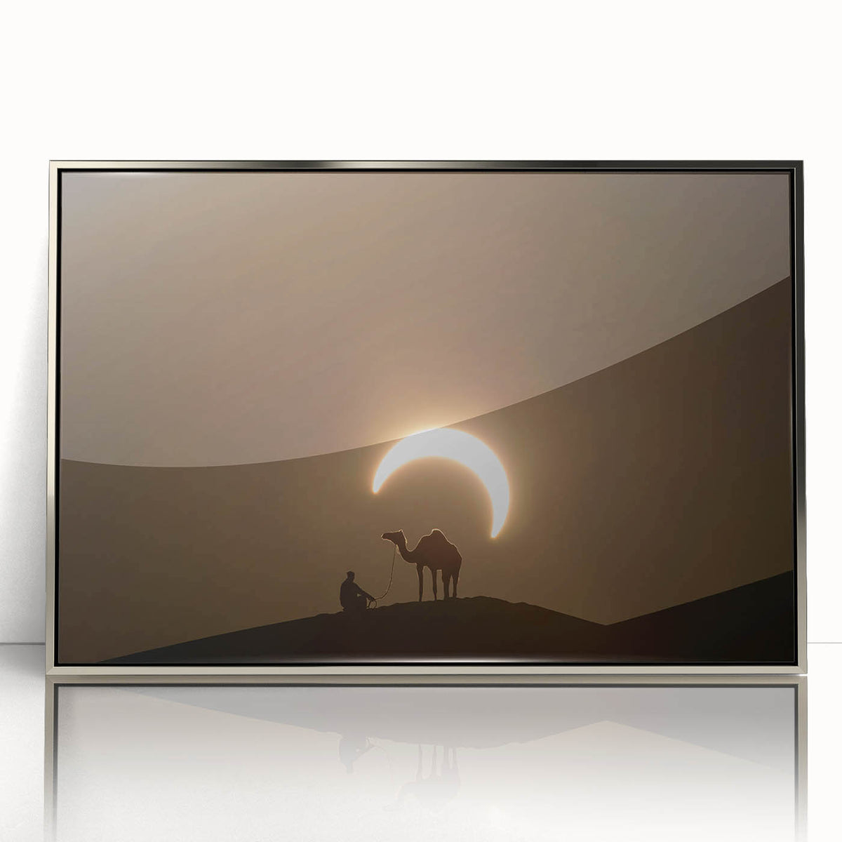 Mid-century modernist art of Abu Dhabi skyline in silver framed acrylic, with cool gray tones.