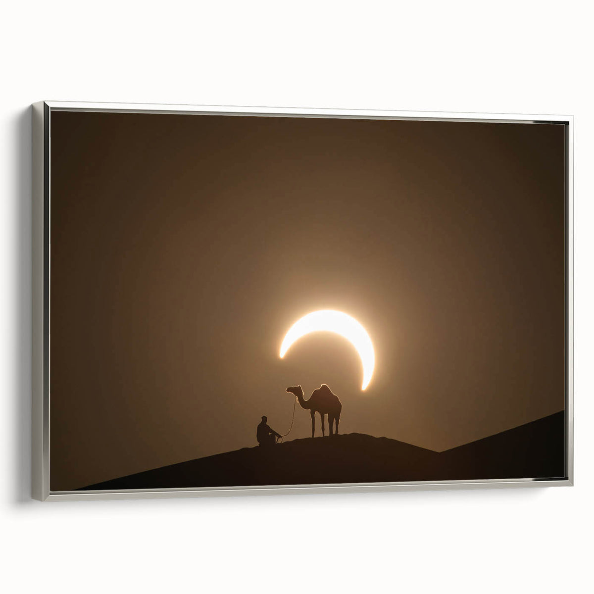 Landscape art painting of Abu Dhabi skyline in vibrant hues on silver-framed canvas, suitable for modern living room decor.