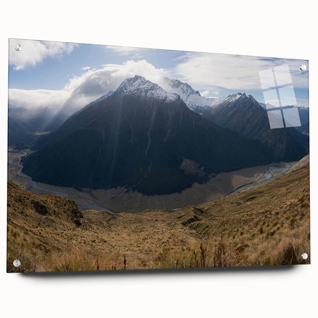 Acrylic print of Otago, New Zealand scenery with blue and green tones, ideal for dining room decor.