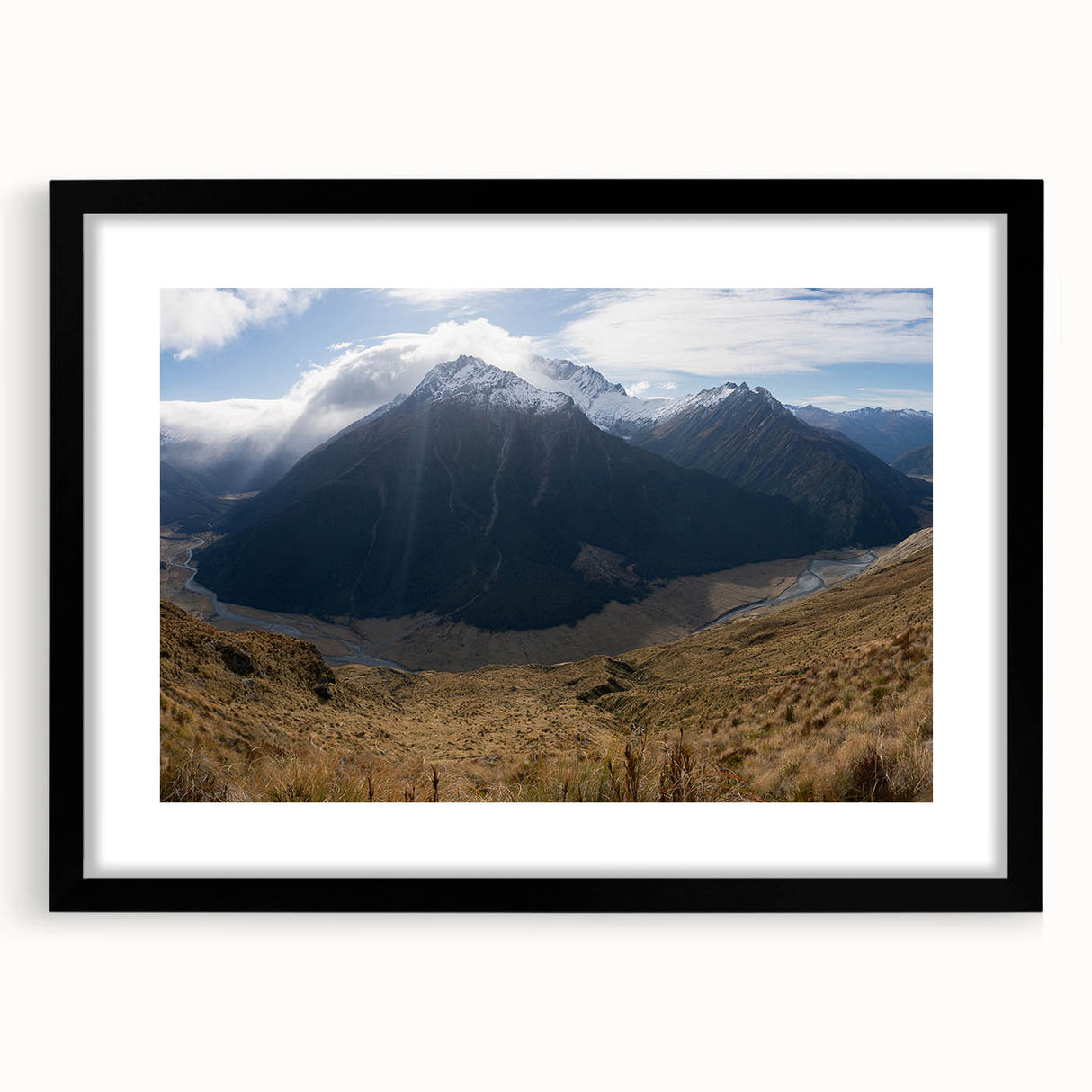 Extra large abstract art print of Otago, New Zealand, featuring vibrant, colorful textures on a black framed canvas.