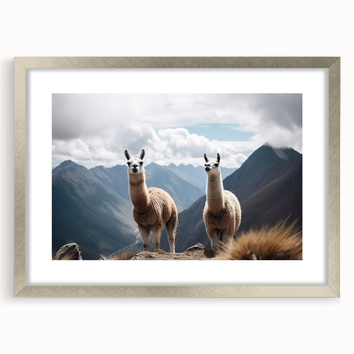 Textured abstract art print depicting a serene Peruvian landscape in muted earth tones, framed in silver.