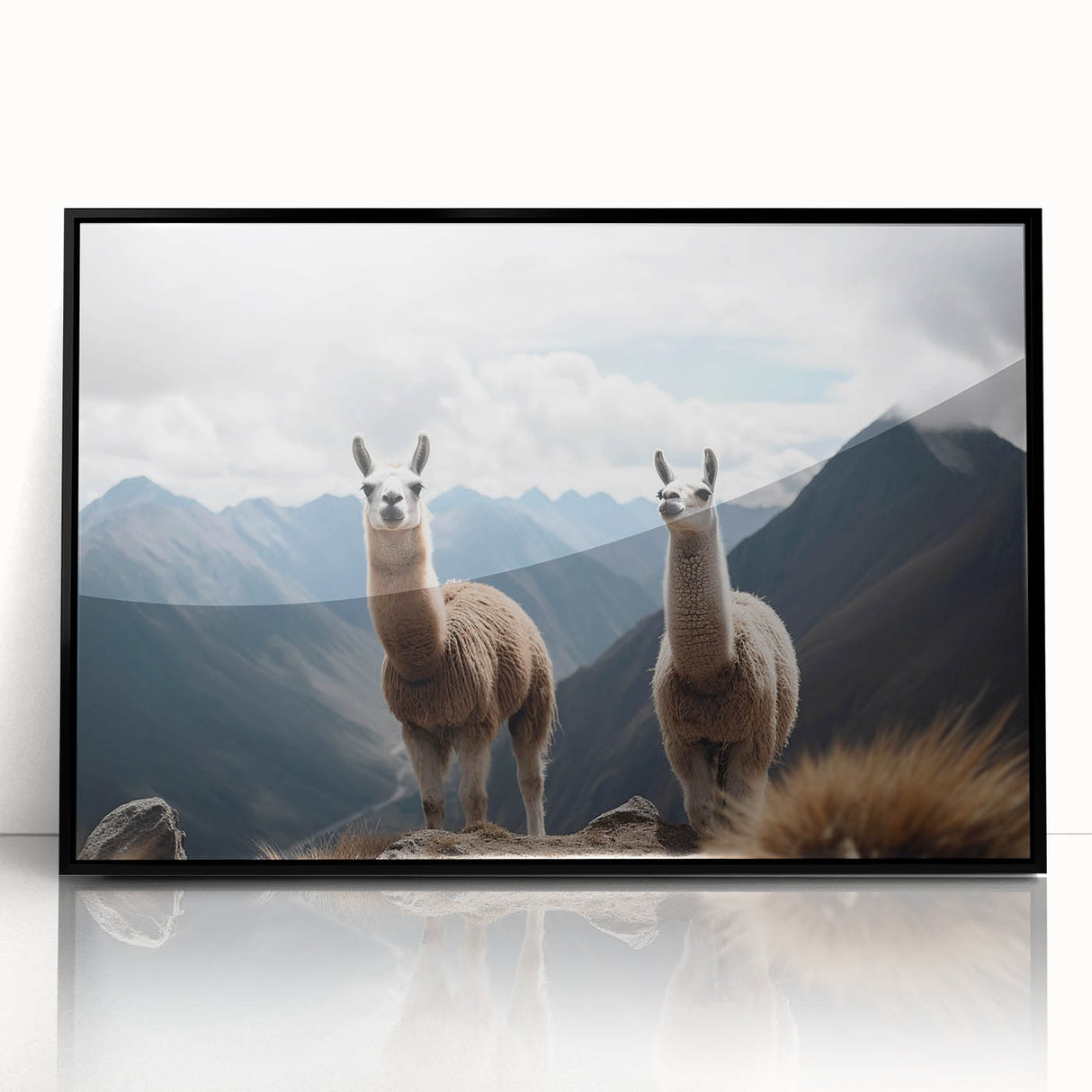 Large abstract wall art depicting a stylized South American landscape in muted earth tones on a black framed acrylic print.