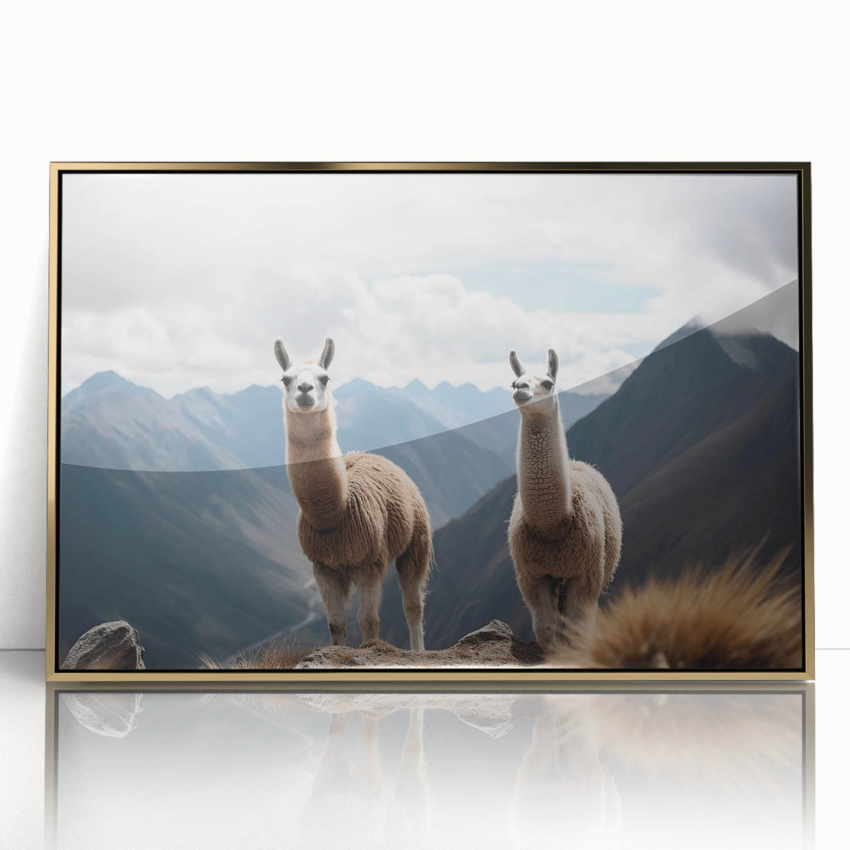 Mid-century modernist acrylic print of a Peruvian landscape, framed in gold, ideal for modern art wall decor.