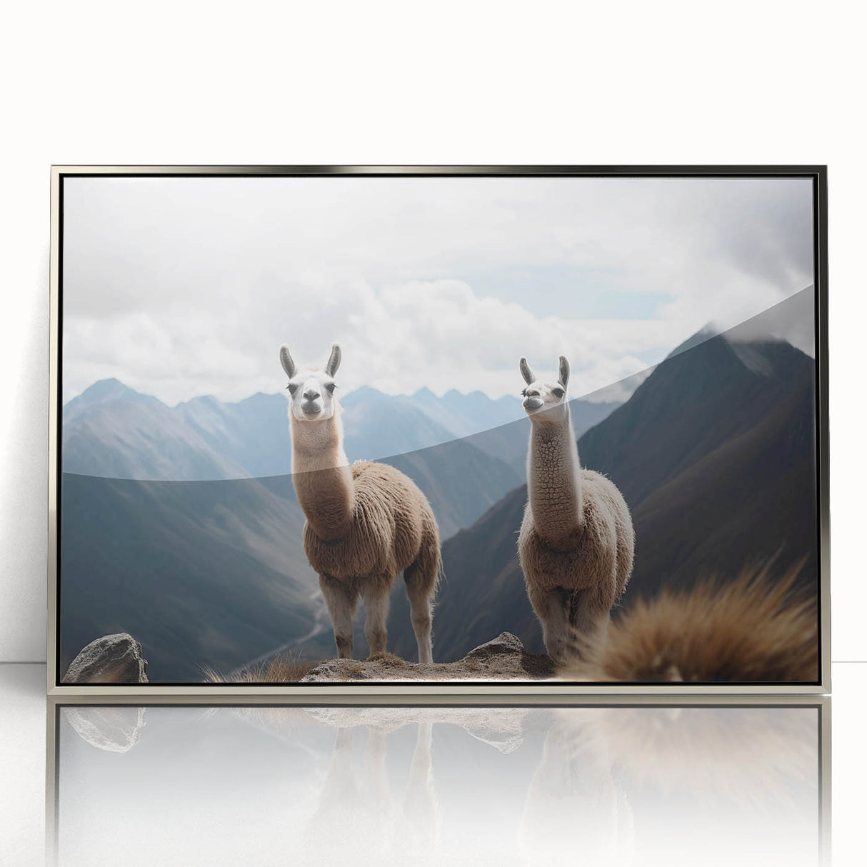 Mid-century modernist art depicting a serene Peruvian landscape in muted earth tones, framed in silver acrylic.