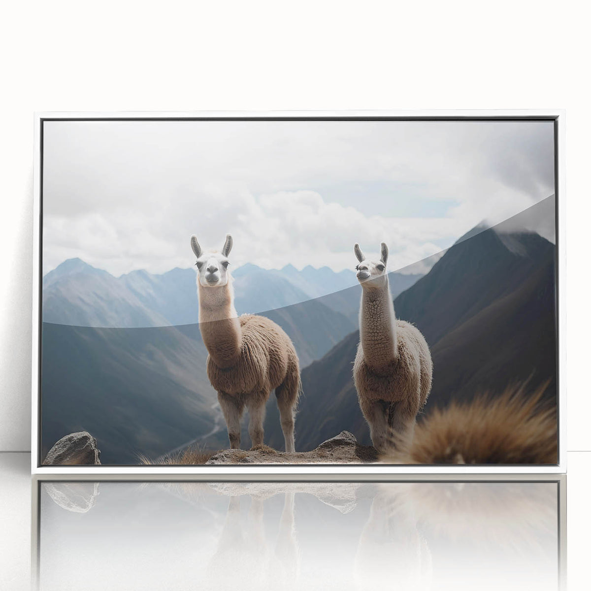 Acrylic print of a serene Peruvian landscape in soft pastel shades, framed in white, suitable for modern nursery decor.
