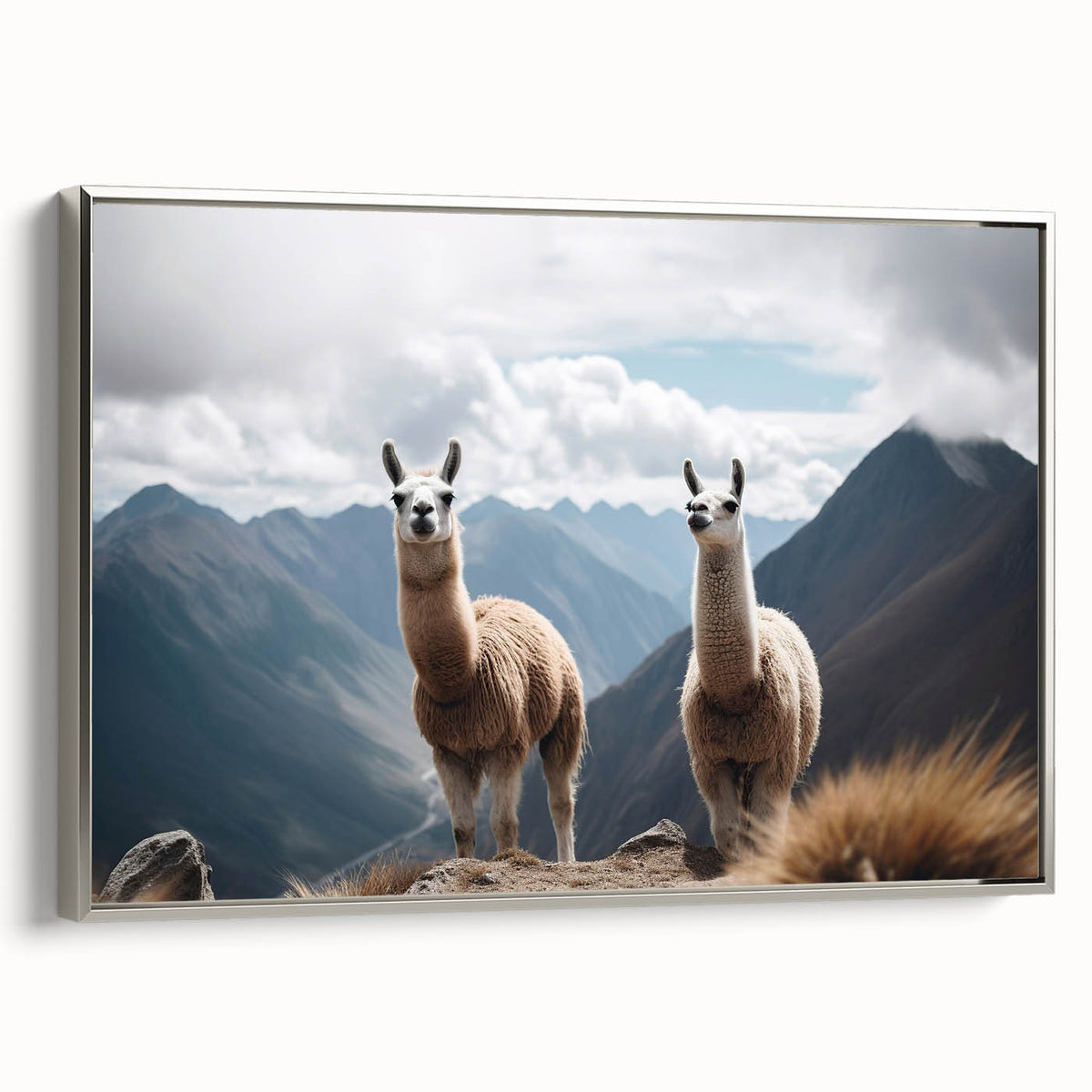Framed canvas depicting a vintage-style landscape of a Peruvian scenery, with a palette of black and vibrant colors.