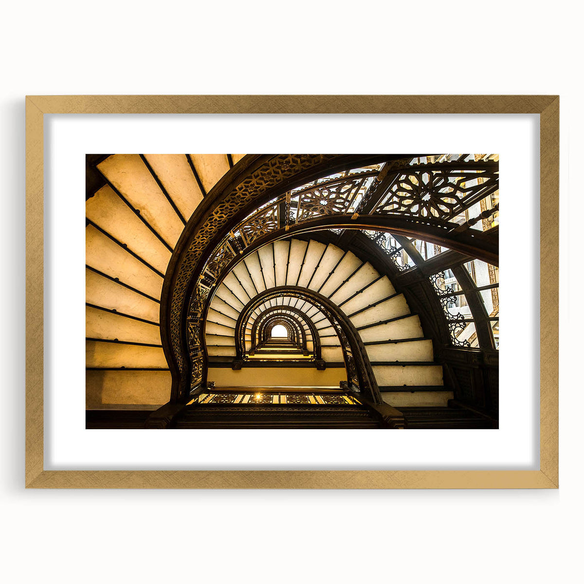 Extra large abstract art print of Chicago skyline in muted gold and gray tones on a framed canvas.