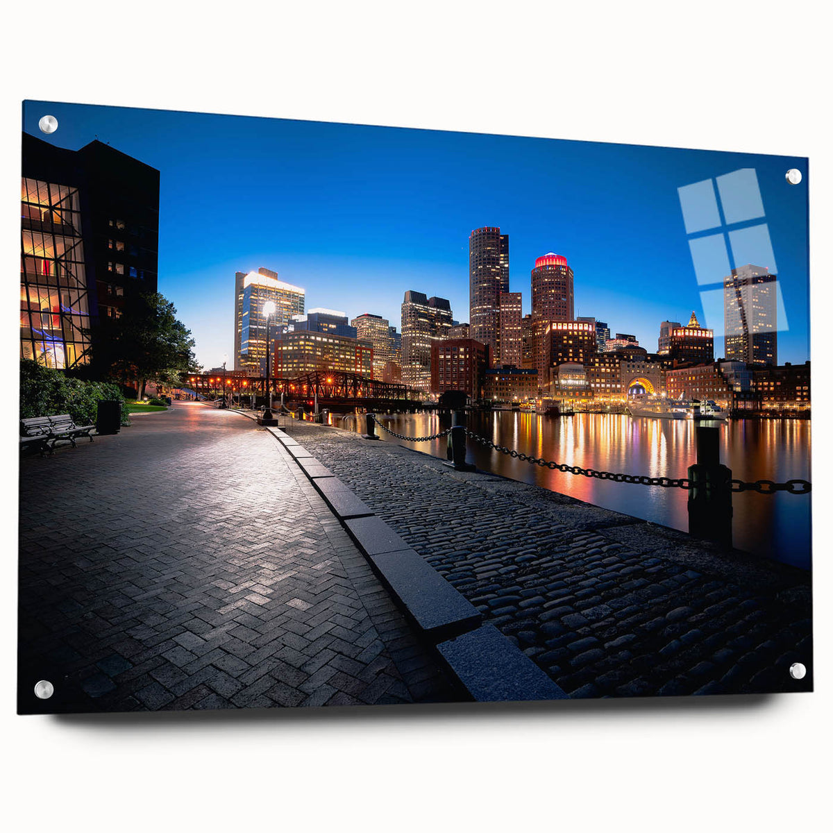 Acrylic print of a large abstract depiction of Boston's skyline in muted blue tones.