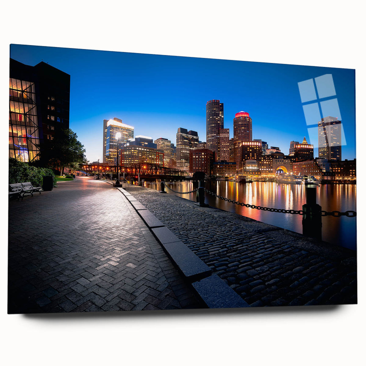 Acrylic print of a large abstract depiction of the Boston skyline in muted blue and gray tones.