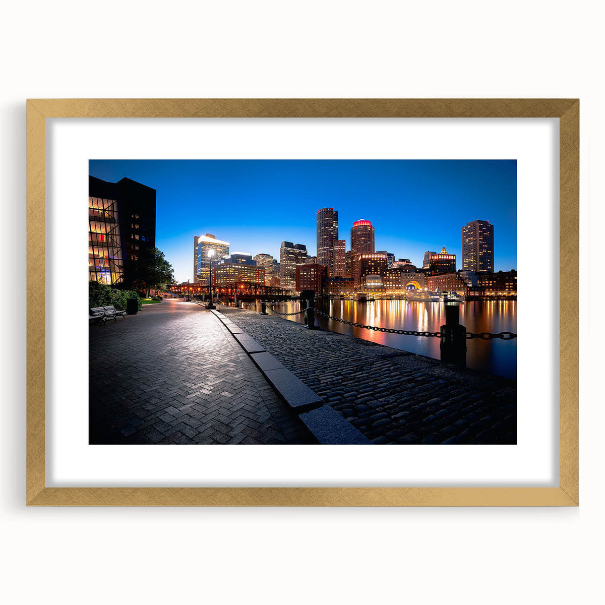 Extra large abstract art print of Boston skyline in textured gold frame, ideal for living room decor.