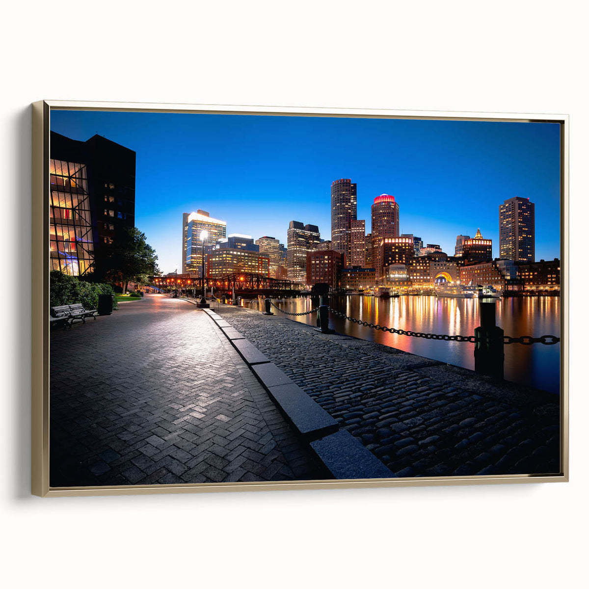 Framed canvas of a vintage-style Boston landscape in black and gold tones, ideal for bedroom wall art.