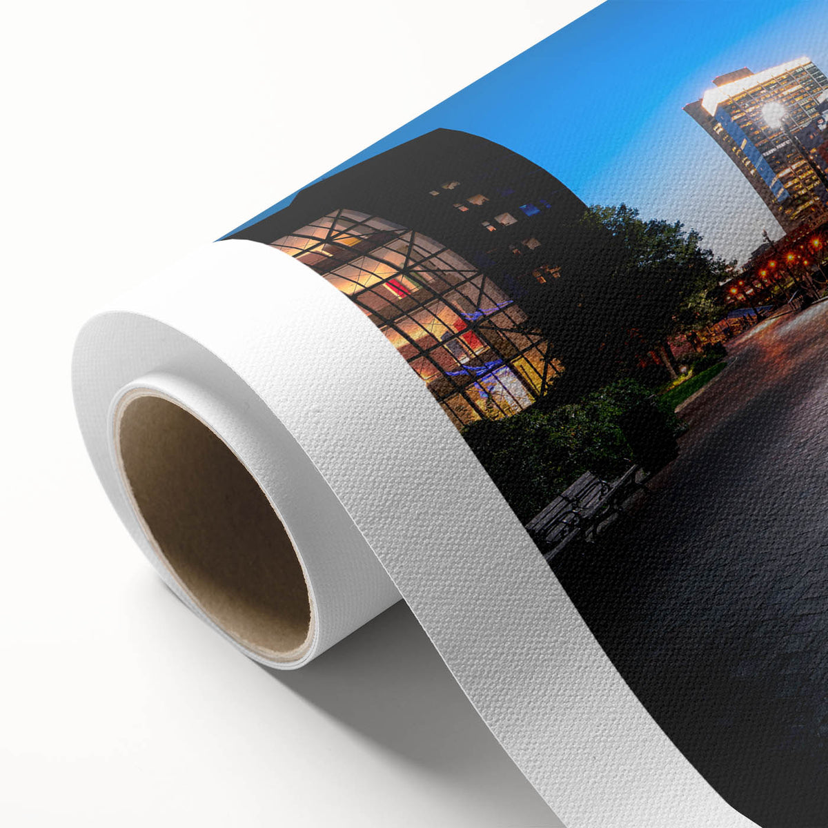 Art deco style poster of Boston skyline in pastel blue and pink shades, printed on rolled canvas.