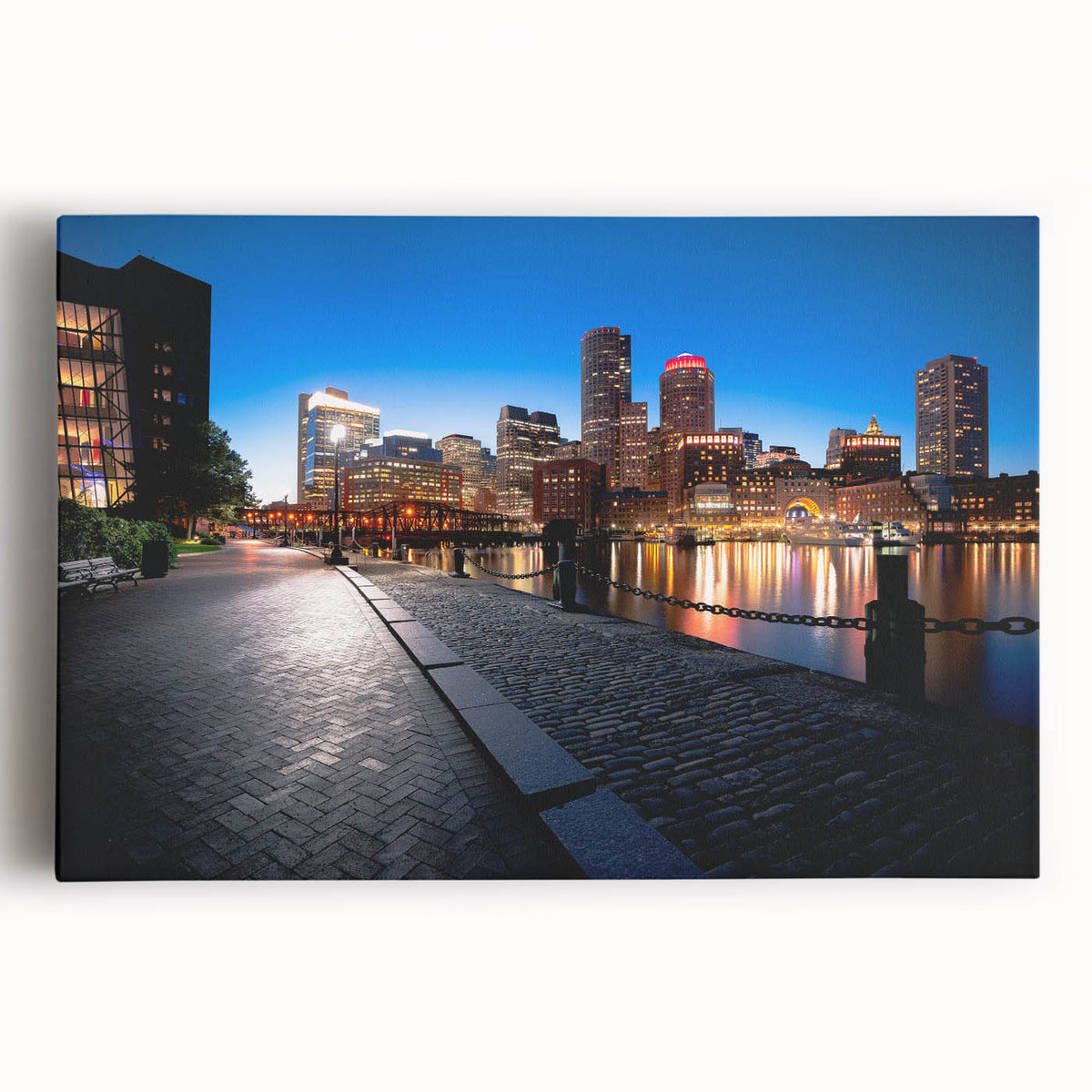 Black and white stretched canvas of Boston skyline, ideal for kitchen wall art.