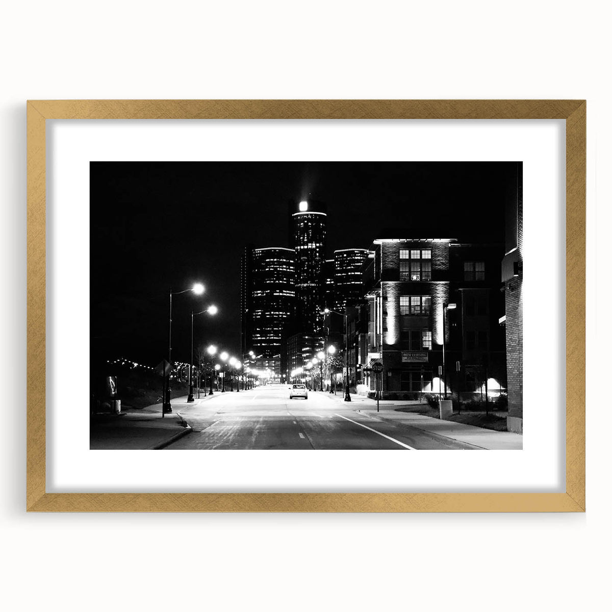 Extra large abstract art print of Detroit skyline in textured shades of blue and gray on a gold-framed canvas.