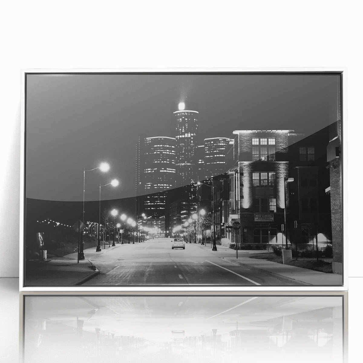 Art deco style poster of Detroit skyline in muted gray and blue tones on framed acrylic, suitable for modern art wall decor.