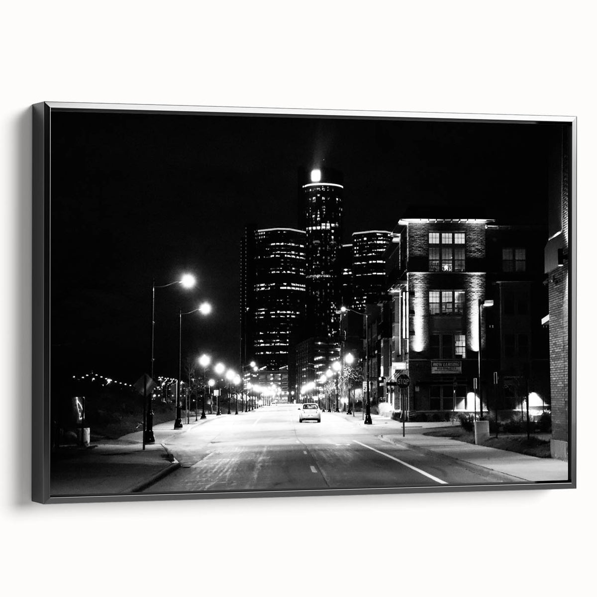 Black and white framed canvas of Detroit landscape, ideal for bedroom wall decor.