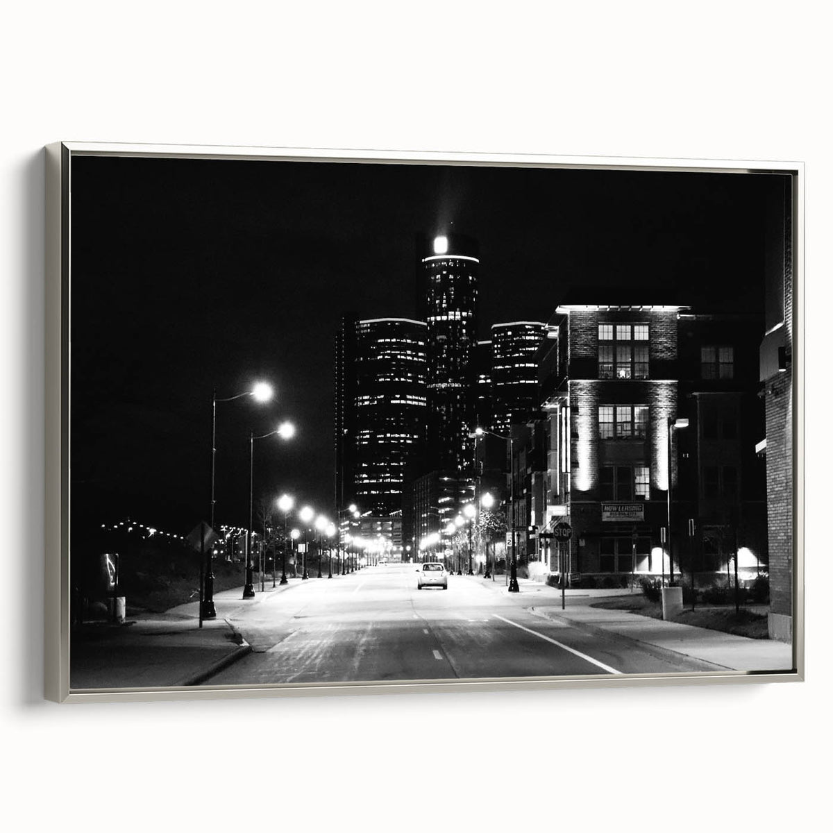 Landscape art painting of Detroit skyline in colorful tones on a framed canvas, ideal for office wall decor.