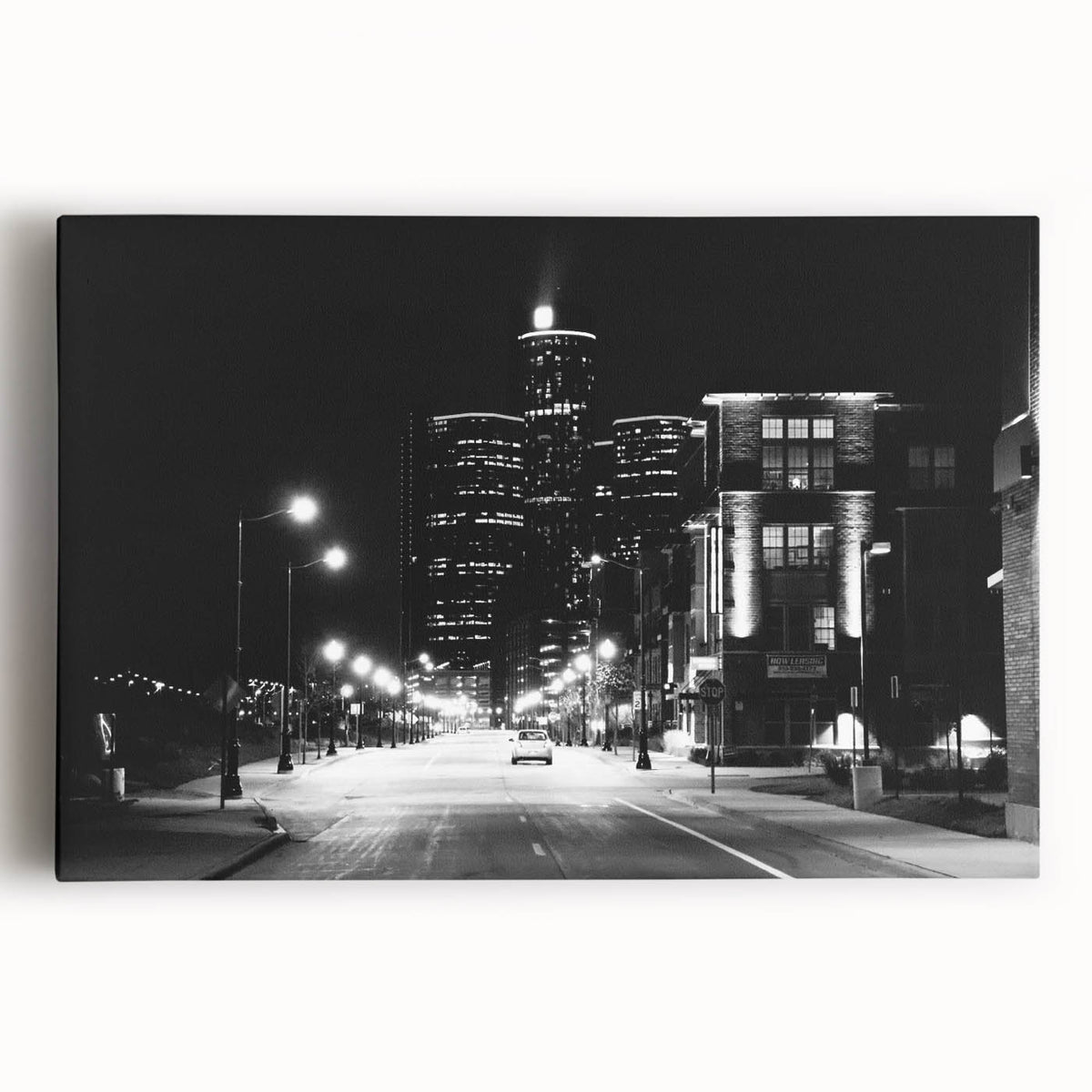Black and white image of Detroit skyline on large stretched canvas, ideal for kitchen wall art.