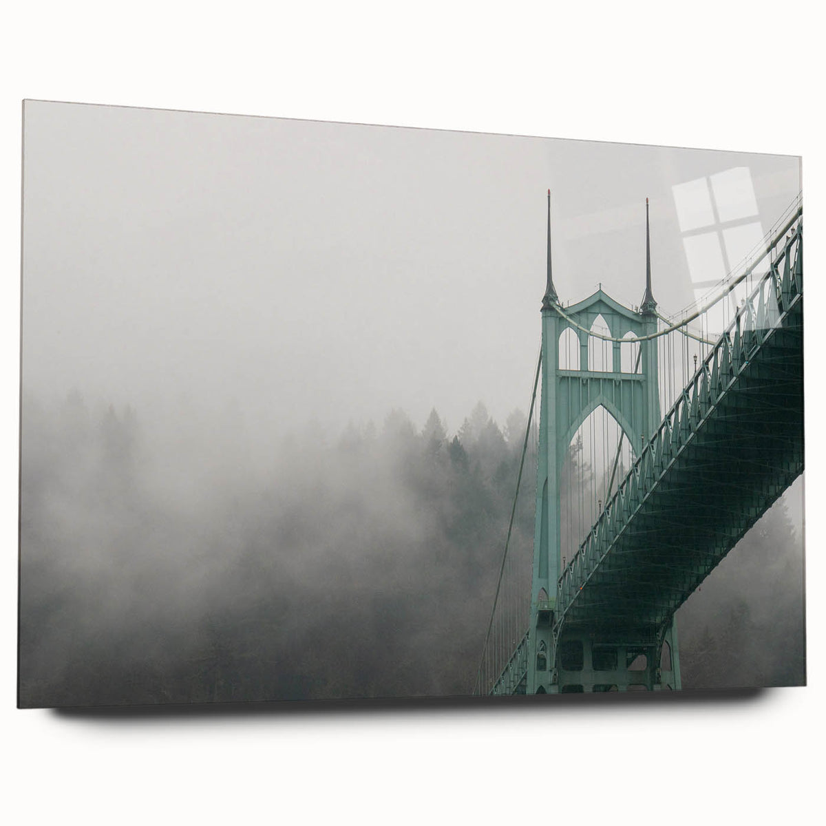 Acrylic print of a large abstract depiction of Portland, Oregon in muted blue and gray tones.