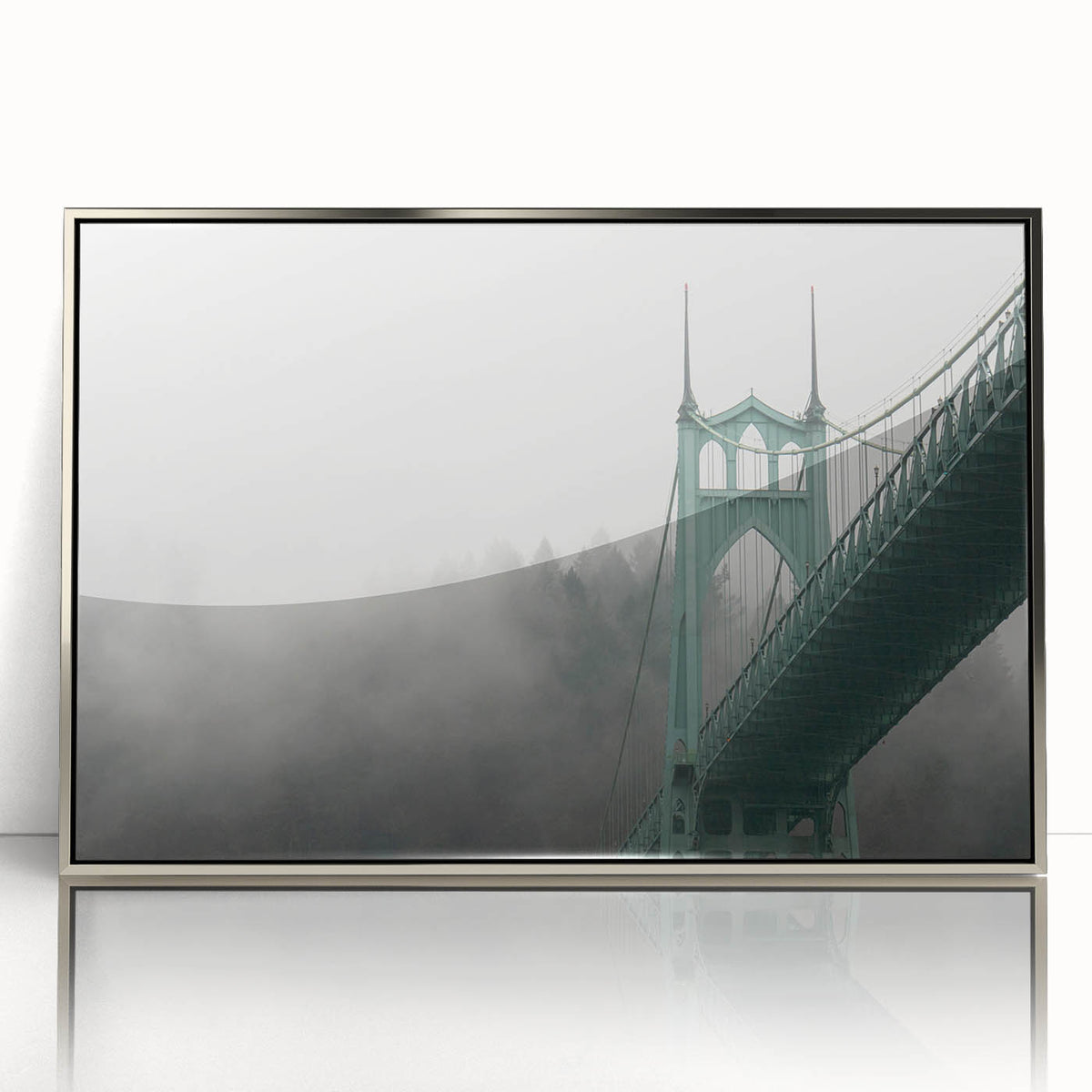 Mid-century modernist art depicting Portland, Oregon scenery in muted earth tones on a silver-framed acrylic print.