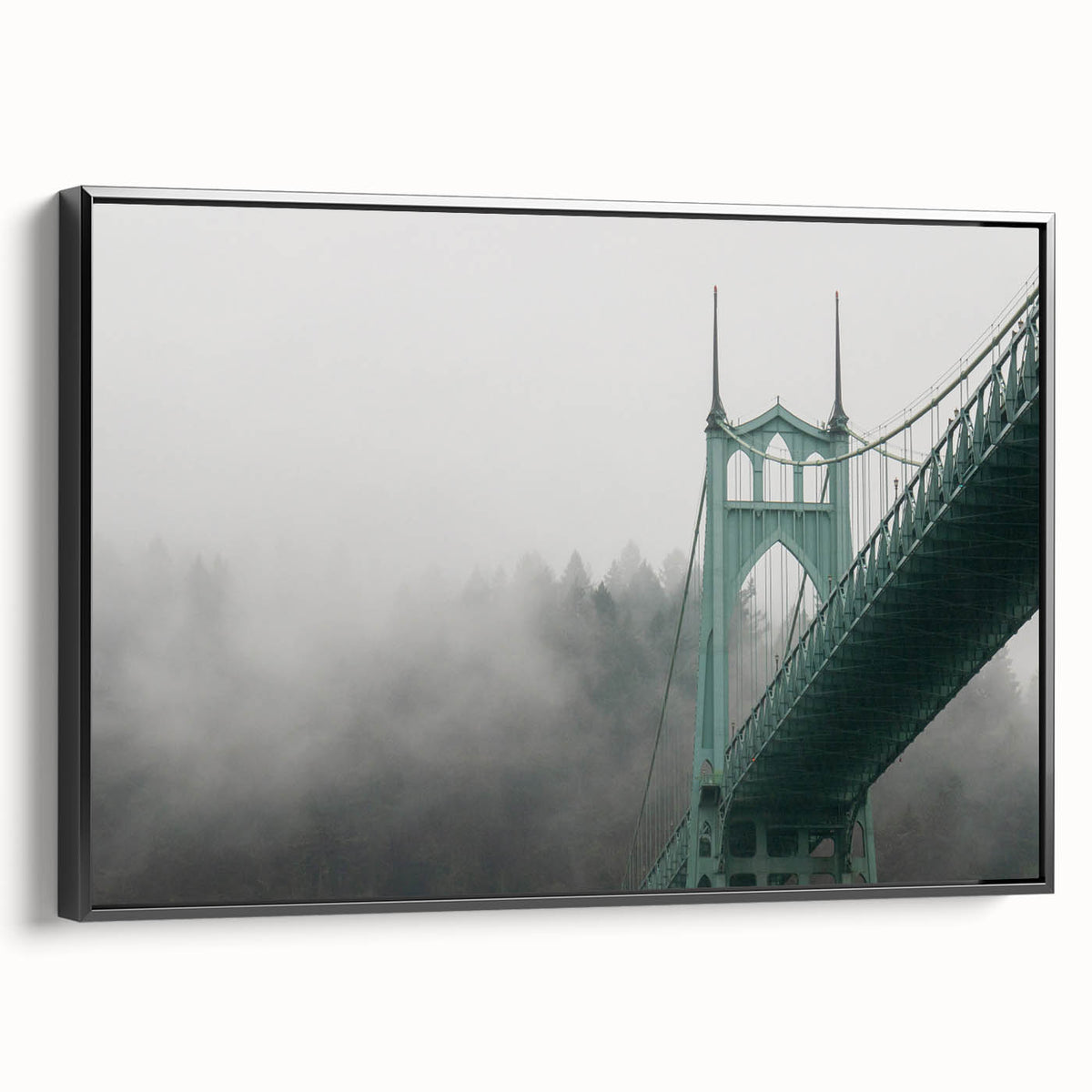 Black and white framed canvas of Portland, Oregon landscape, ideal for bedroom wall decor.
